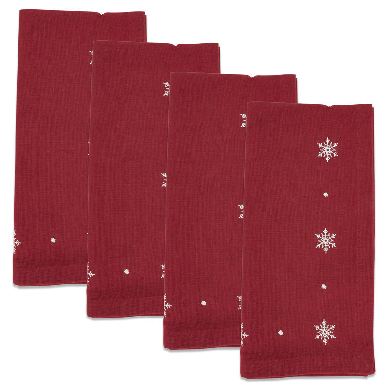 Red Cotton Winter Snowflake Embroidered Napkins (Set of 4)