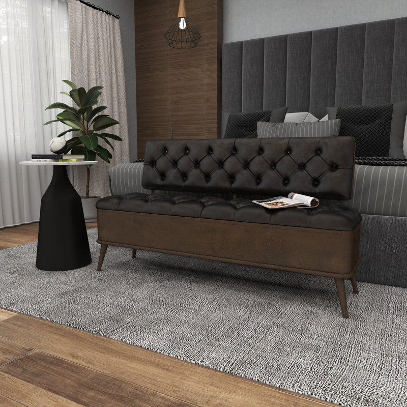 Black Metal Room Storage Bench with Tufted Faux Leather, 54" x 19" x 31"