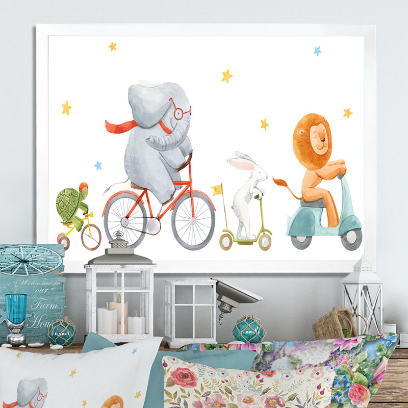 Mignons animaux à bicyclette - Art mural sur toile traditionnel, H 12 po x l 20 po x P 1 po, Cadre d'angle fermé blanc