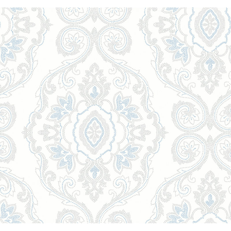 Rouleau de papier peint l 27 pi x l 27 po damassé Casto, Oasis bleu
