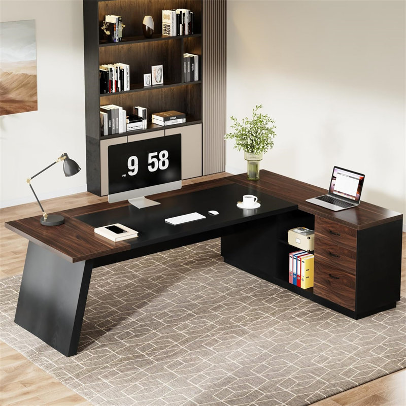 78.7" L-Shaped Executive Desk With File Cabinet & Drawers (Not Including Chair), Black/Dark Walnut