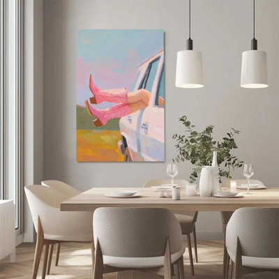 1 pièce, impression sur toile encadrée, bottes de cowboy rose, pieds de la fenêtre de la voiture, peinture à l'huile impressionniste, décoration murale, parfaite pour la décoration de la pièce salon chambre bureau cuisine salle de bain décor à la maison, cadeau de décoration murale idéal pour la maison