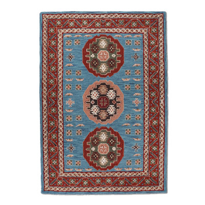 HAND TUFTED WOOL ECO-FRIENDLY AREA RUGS - Rectangle | Light Blue Red | Classic Oriental Traditional Design, High Pile Thick Handmade Anti Skid, living room decor