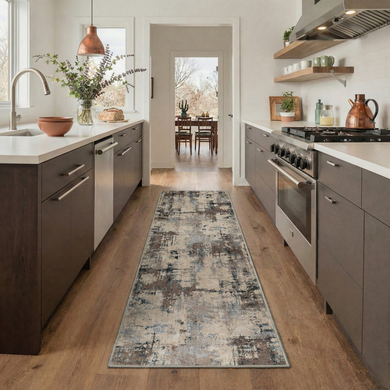 Mignone Kaleido Abstract Machine Washable Taupe Indoor Area Rug With Non-Slip Backing, Runner 2' x 6'