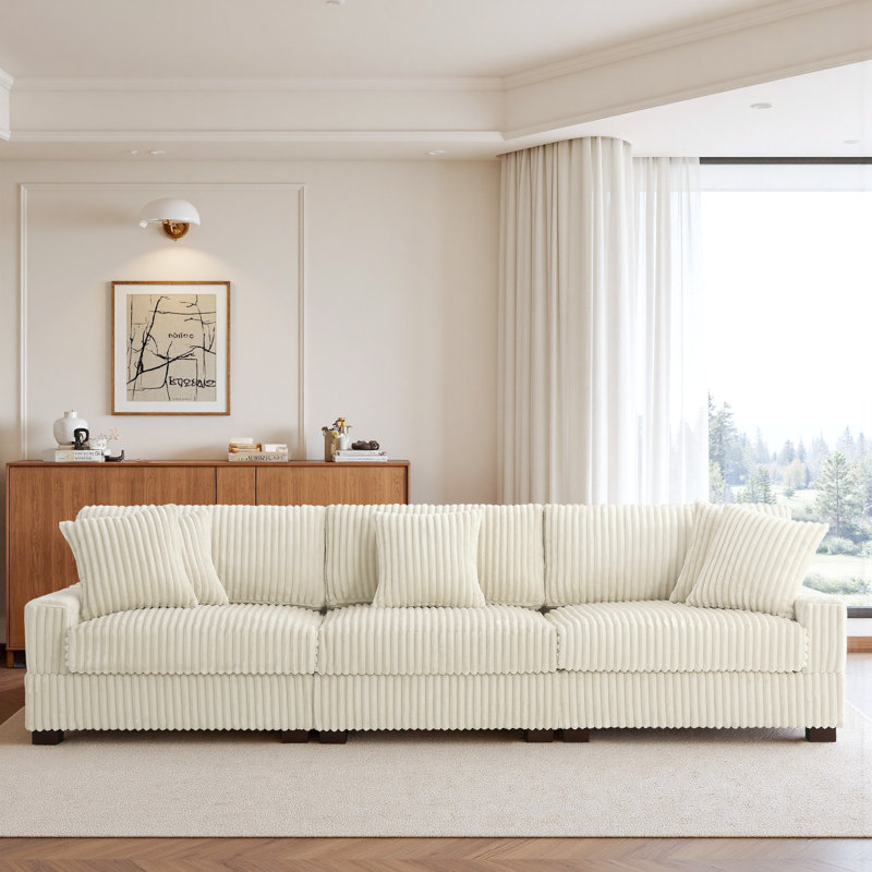 3 - Piece Upholstered Faux Rabbit Fur Flannel Modular Sectional Sofa with Armrests & Throw Pillows, White
