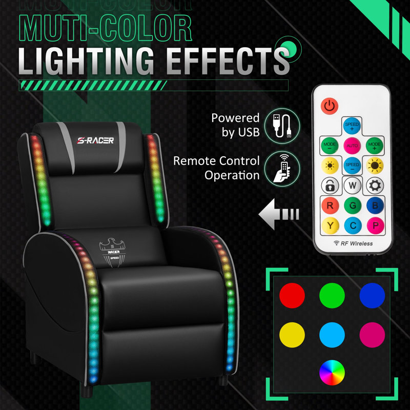 Faux Leather PC & Racing Game Chair with RGB LED Lights and Massage Lumbar Support, Black/Gray