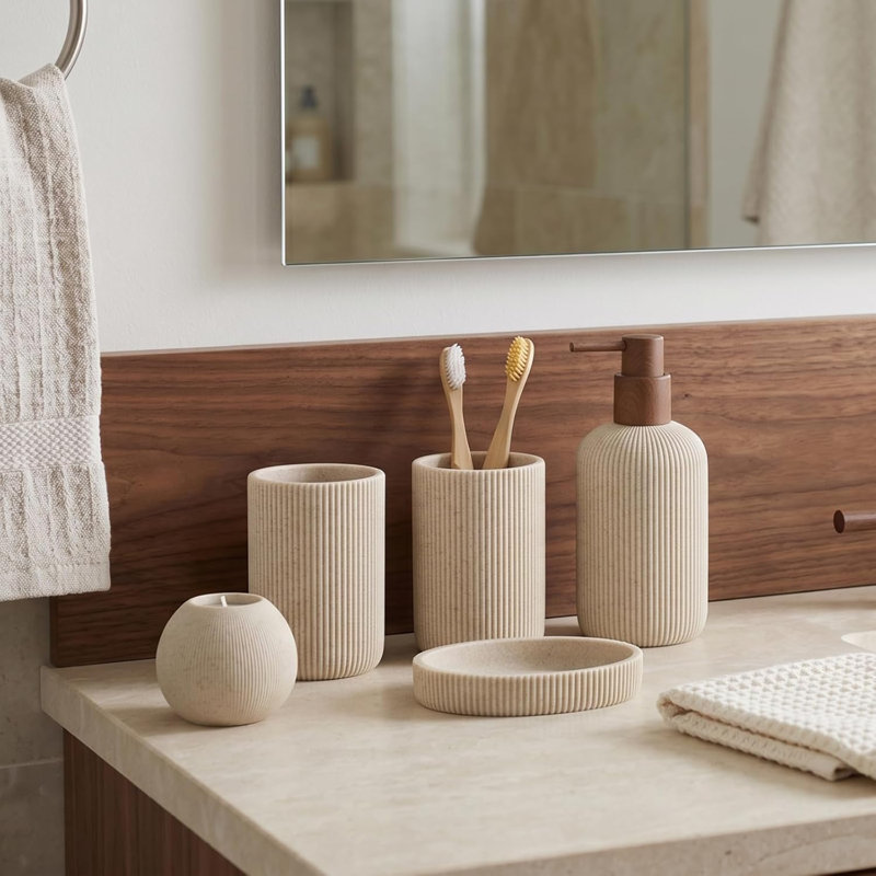 Ensemble d'accessoires de salle de bain, organisateur de salle de bain à rayures 5 pièces avec distributeur de savon, porte-brosse à dents, porte-savon, porte-bougie pour lavabo de comptoir