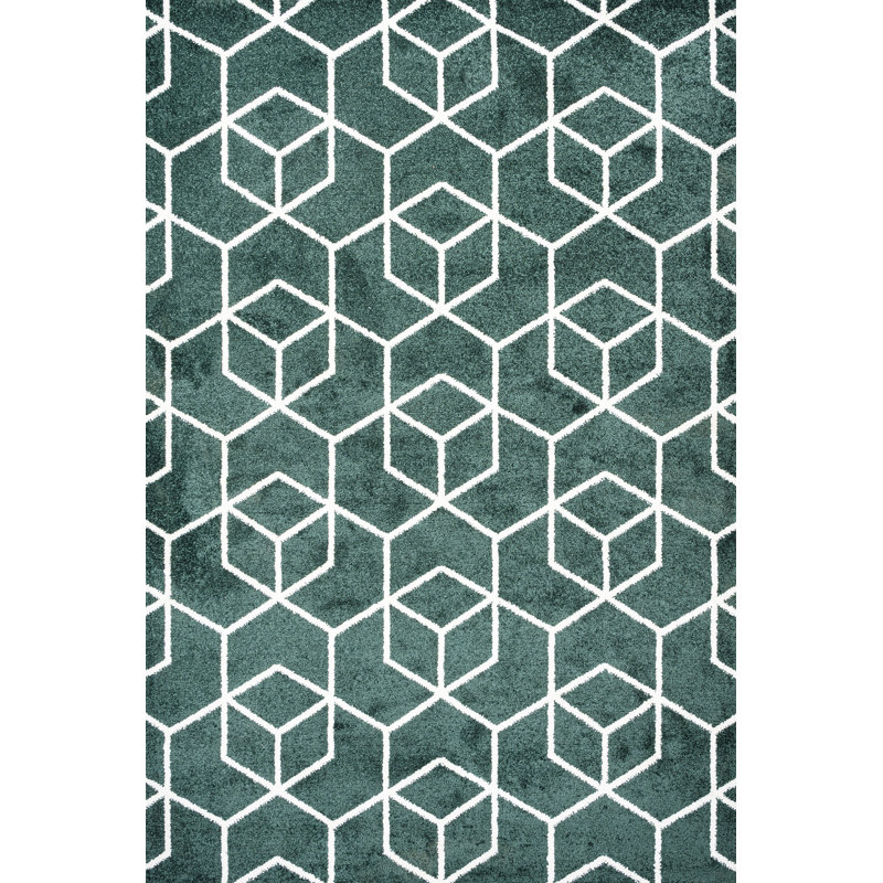 Mashawna Blocks Modern Geometric Green/White Rug, Rectangle 3' x 5'