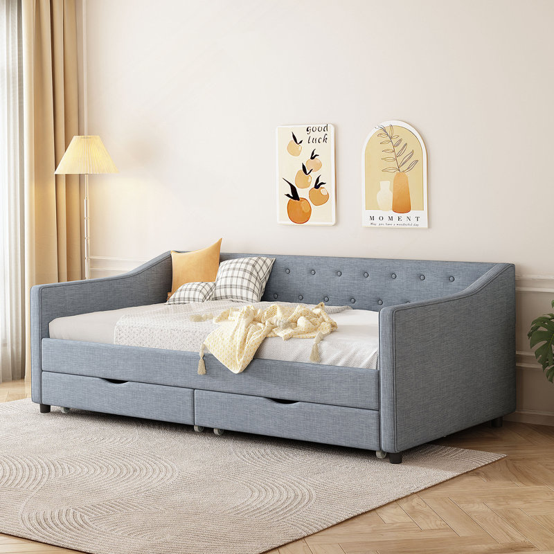 Twin Size Daybed With Drawers Upholstered Tufted Sofa Bed, With Button On Back And Piping On Waved Shape Arms-Light Grey