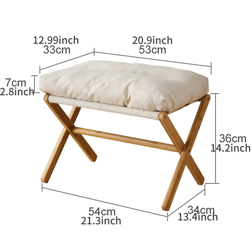 Beige Foldable Footstool Bamboo Legs Soft-Padded Footsmats Shoe-Change Stool