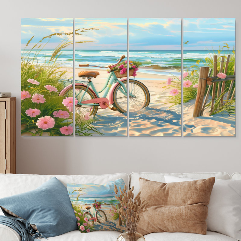 Vélo bleu sur le sentier côtier floral I - ensemble d'art mural sur toile côtière, H 32 po x l 64 po