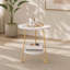 Table d'appoint ronde à 2 niveaux en faux marbre blanc, table de chevet d'appoint moderne avec pieds en épingle à cheveux dorés