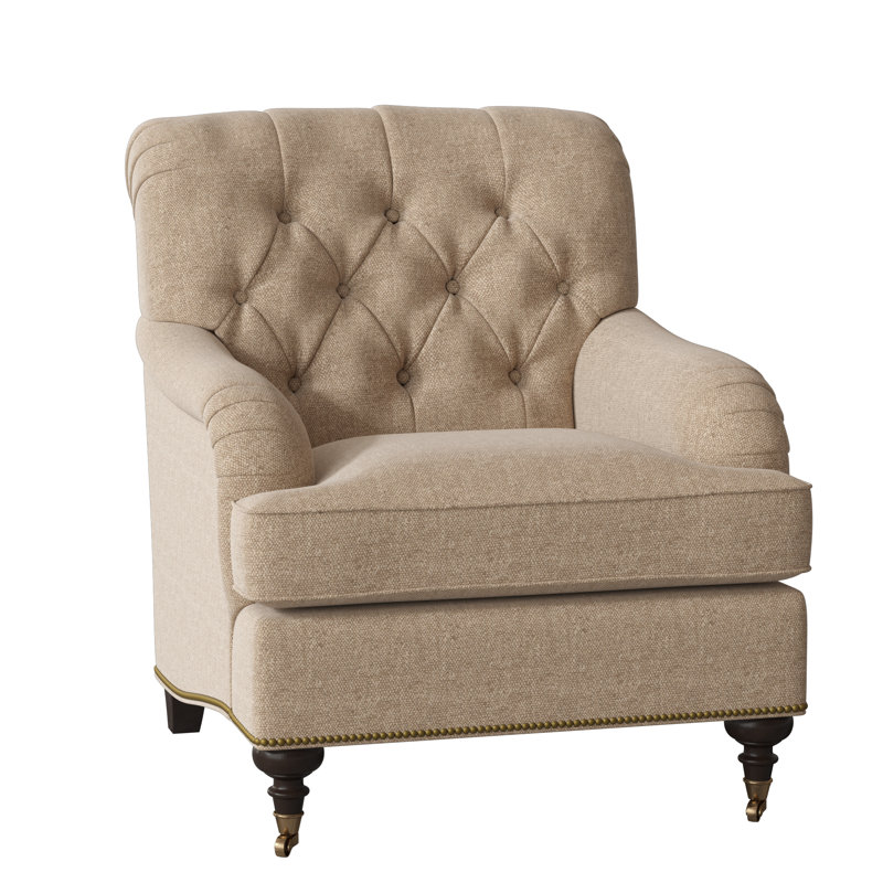Devan Armchair, White Caps Fog, American Walnut, Antique Brass Small