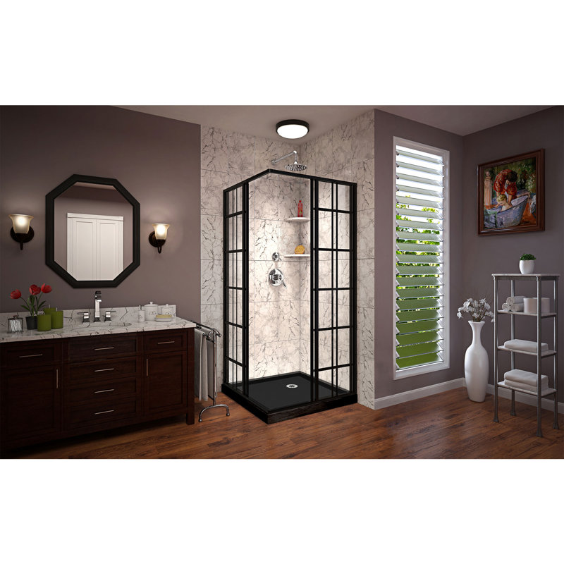 French Corner 42" Black Framed Sliding Shower Enclosure with Clear Glass