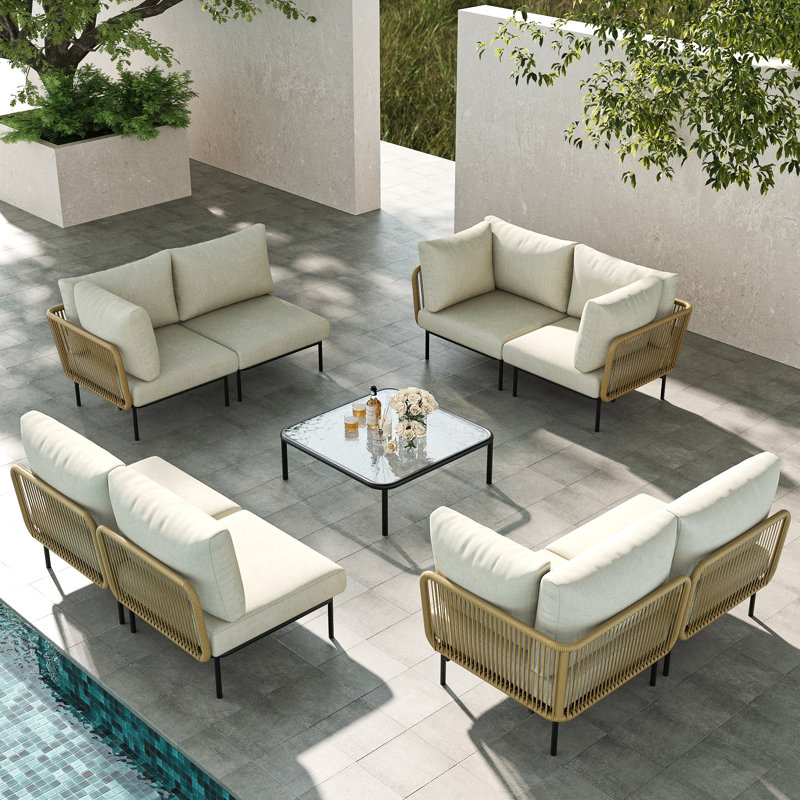  Outdoor Patio Woven Rope Wicker Modular 9 Pieces Sectional Set With Fire Pit Table And Cushions