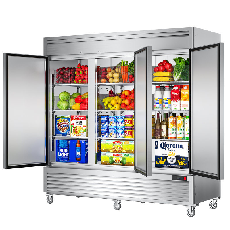 Réfrigérateur commercial Coolake de 82 po de largeur avec 3 portes solides, réfrigérateur encastré en acier inoxydable de 72 pieds cubes avec éclairage à DEL, réfrigérateur de refroidissement pour restaurant