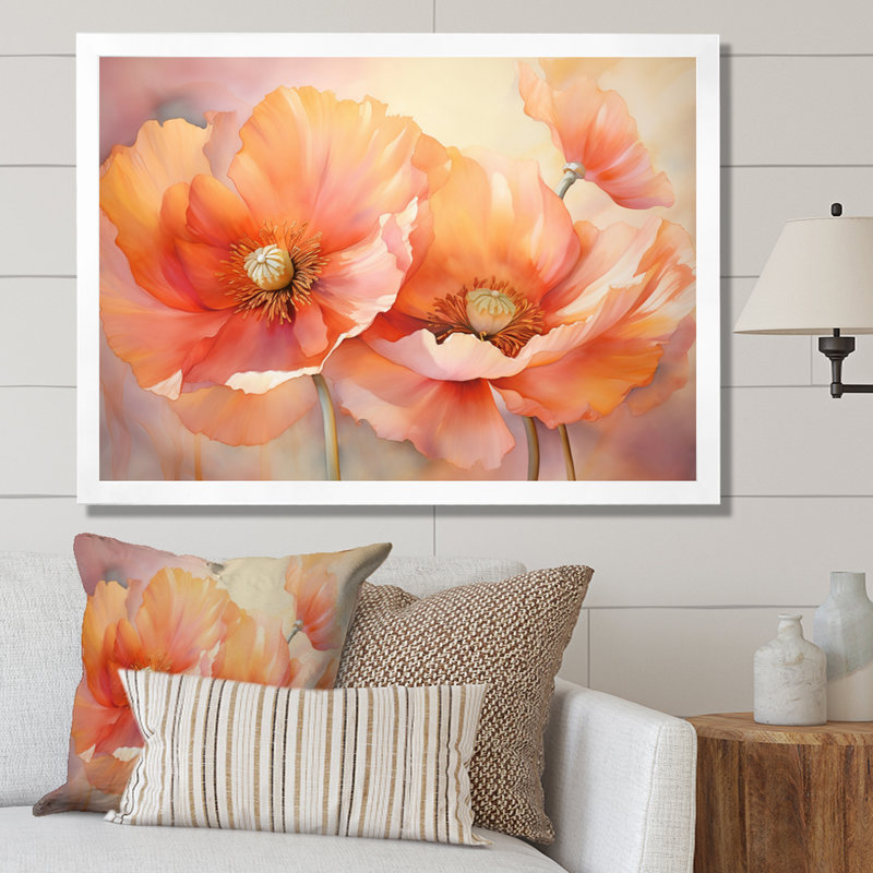 Coral Poppies Romantic Impression VI - Art mural de coquelicots pour le salon, H 30 po x l 40 po x P 1,5 po