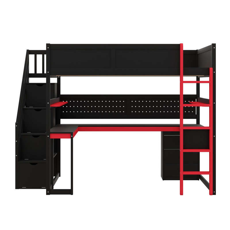 Lit mezzanine en bois sur mesure pour le jeu, avec escalier de rangement, bureau intégré, tablettes et panneau perforé, Rouge