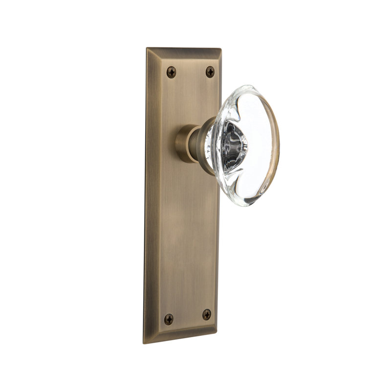 New York Plate with Oval Clear Crystal Door Knob, Antique Brass, 2-3/8”