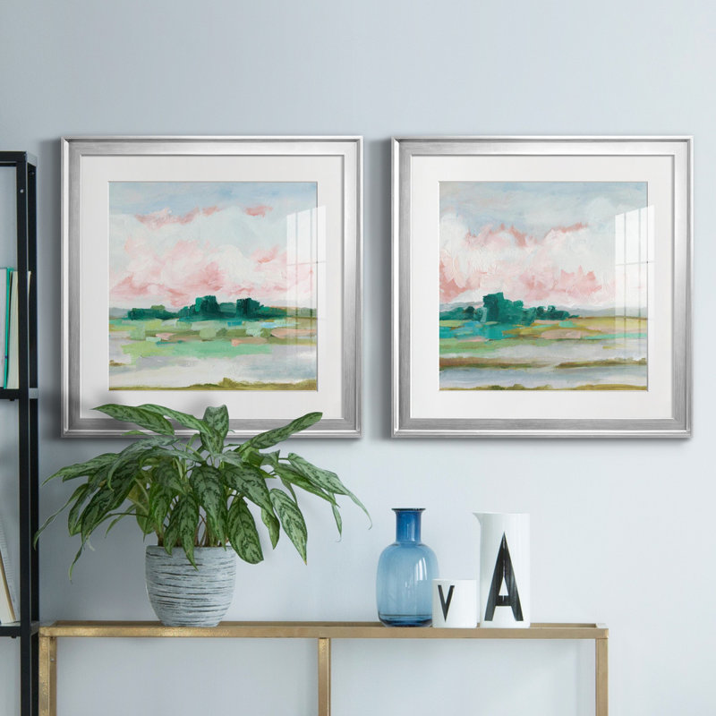 «Pink Marsh I», ensemble de 2 reproductions d'aquarelles conçues par J Paul, H 26,5 po x l 53 po, Argent argent