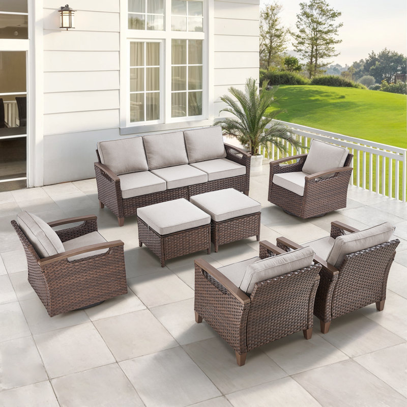 Arundel 7 Person Outdoor Courtyard Wicker Family Conversation Set Group With Swivel Chairs, Beige