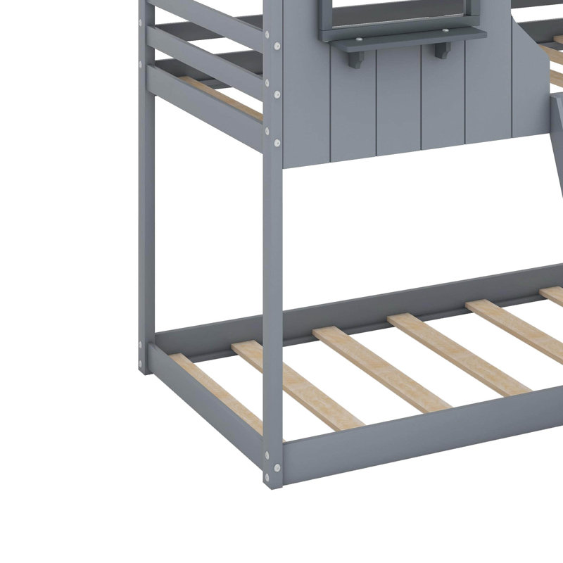 Twin Over Twin Wood Bunk Bed With Roof,Window, Guardrail And Ladder, Gray