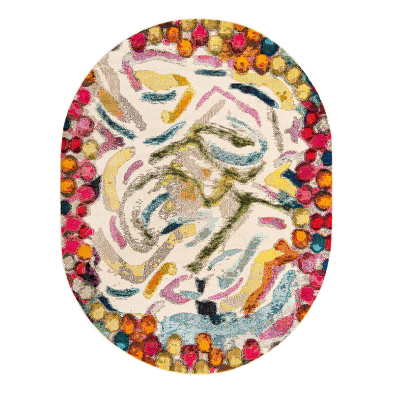  Tapis abstrait octogonal beige / rose / jaune, Ovale 7 pi 10 po x 10 pi