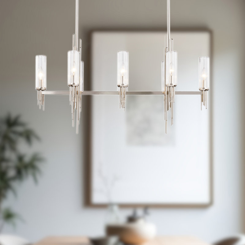 Luminaire suspendu linéaire style bougie à 8 lumières Torres, Nickel poli / nervuré transparent