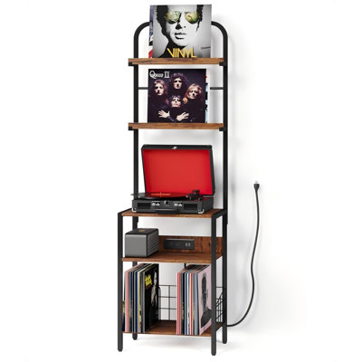 Record Player Stand With Power Outlet, Turntable Stand With 2-Tier Vinyl Record Storage, Record Player Table Up To 200 Albums, End Table For Vinyl Record Holder For Living Room