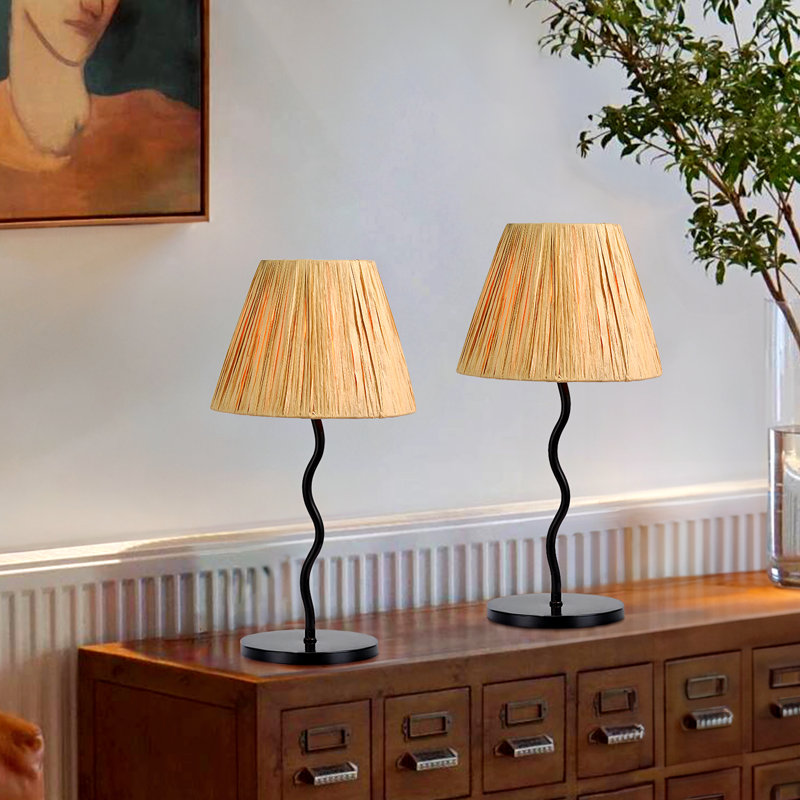 Metal Table Lamp Set with Natural Raffia Shade (LED Bulb Included)