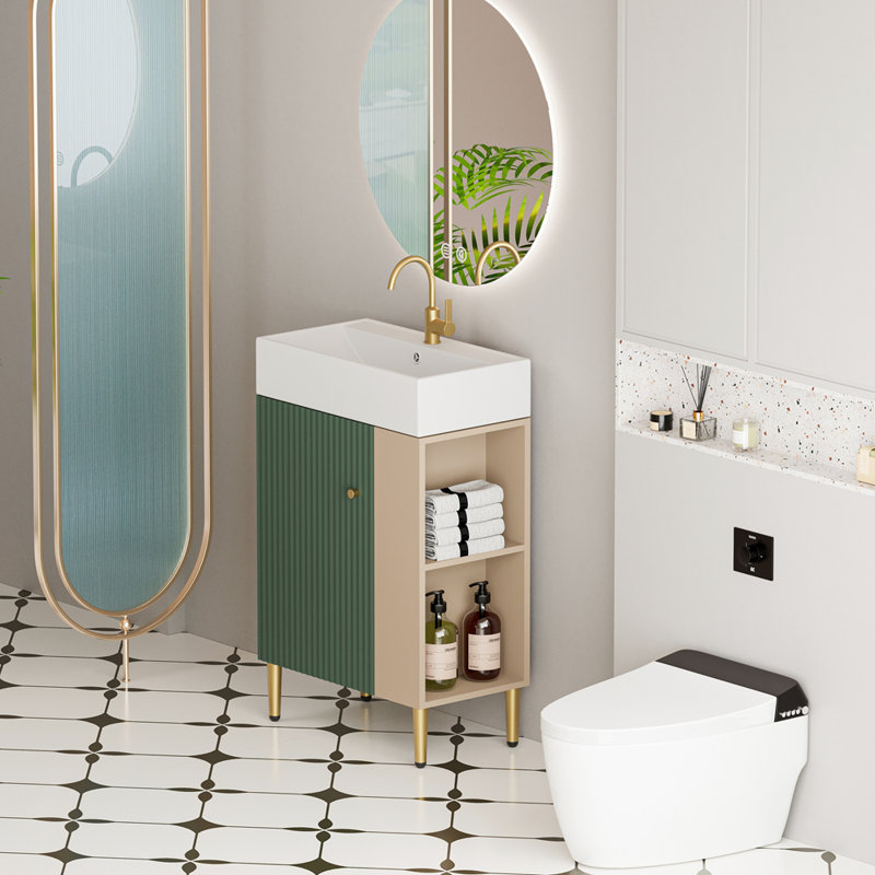 Meuble-lavabo à tablettes ouvertes de 21,6 po avec lavabo en céramique et porte à fermeture douce, armoire de rangement à tablettes ouvertes sur le côté droit, assemblage requis
