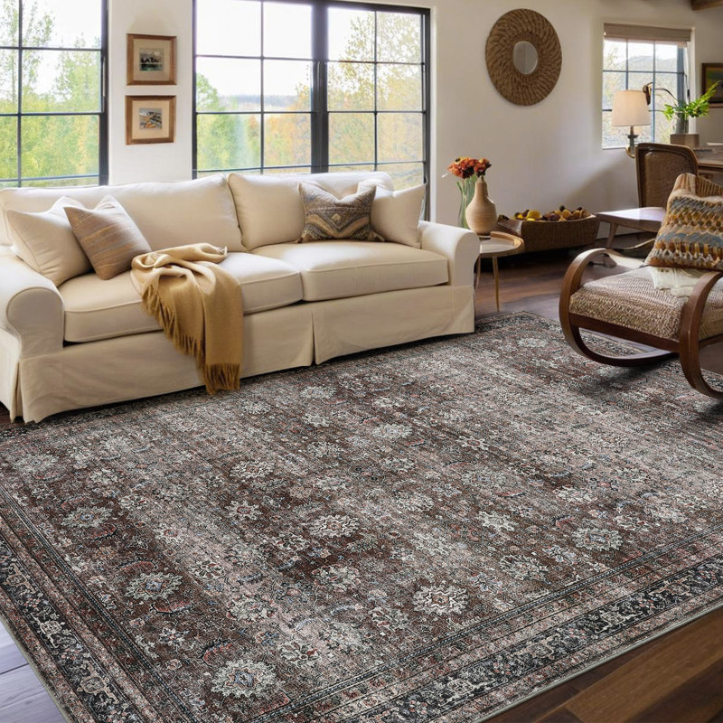 Machine Washable Rug with Rubber Backing for Living Room Oriental Non-Slip Bedroom Rug Floral Faux Wool Runner Rugs for Hallway Kitchen Entryway Laundry