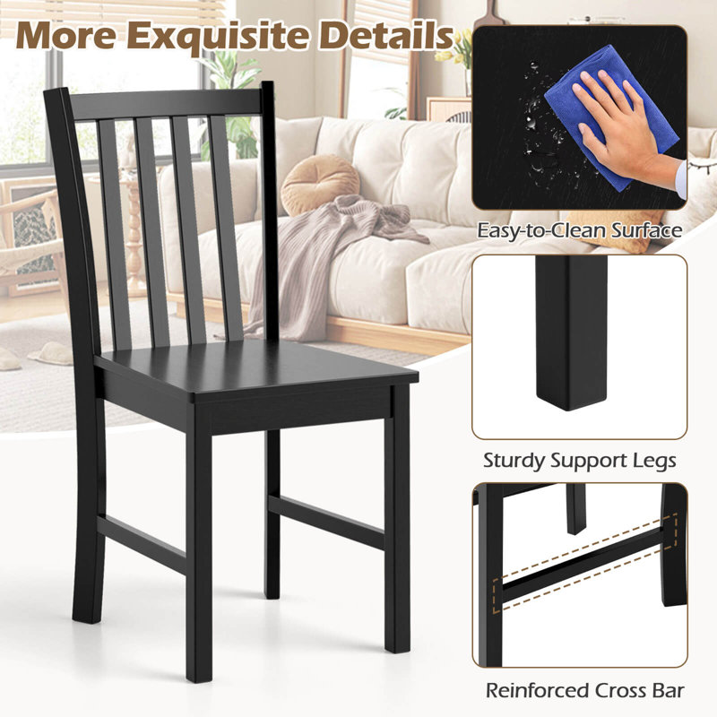 Ensemble de 4 chaises de salle à manger rustiques avec dossier inclinable à lattes, siège large, pieds en bois d'hévéa noir