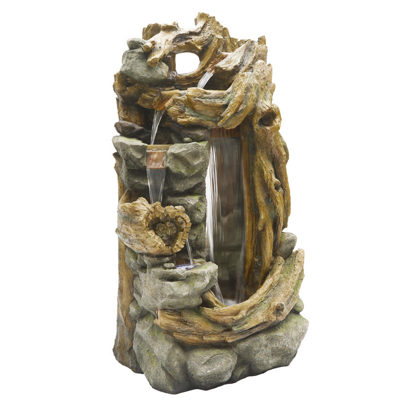 Cascading Tree Trunk Fountain with LED Lights