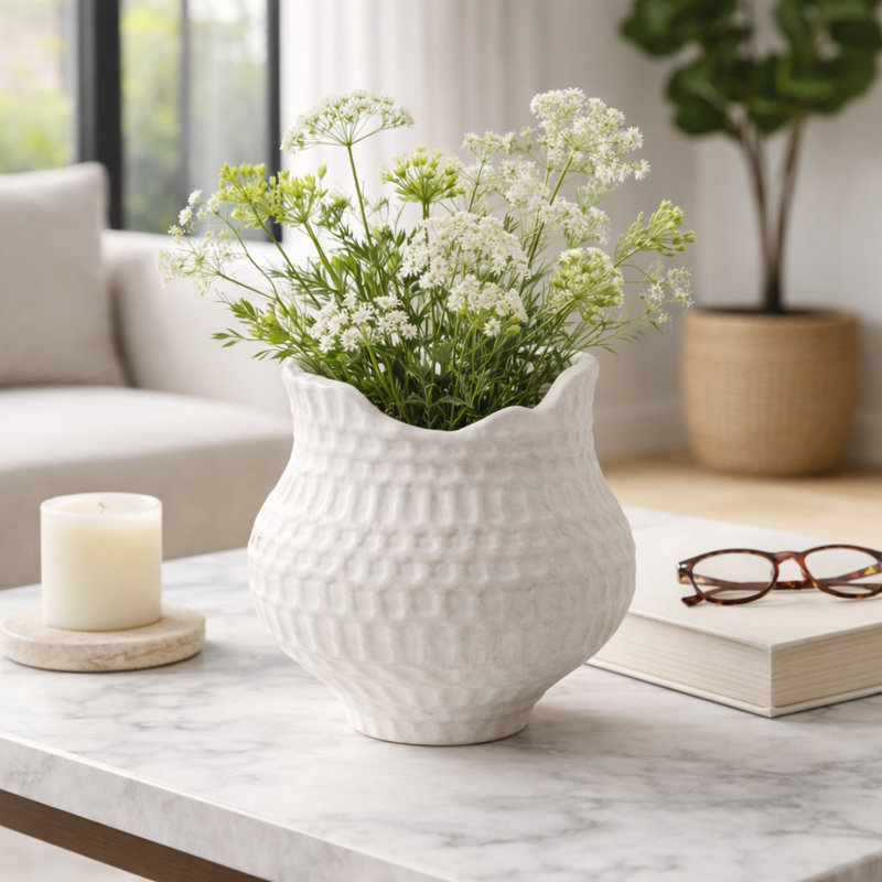 Ceramic and Porcelain Vase with Sculptural Curved Rim and Artisan Textured Surface for a Modern Handcrafted Decorative Accent