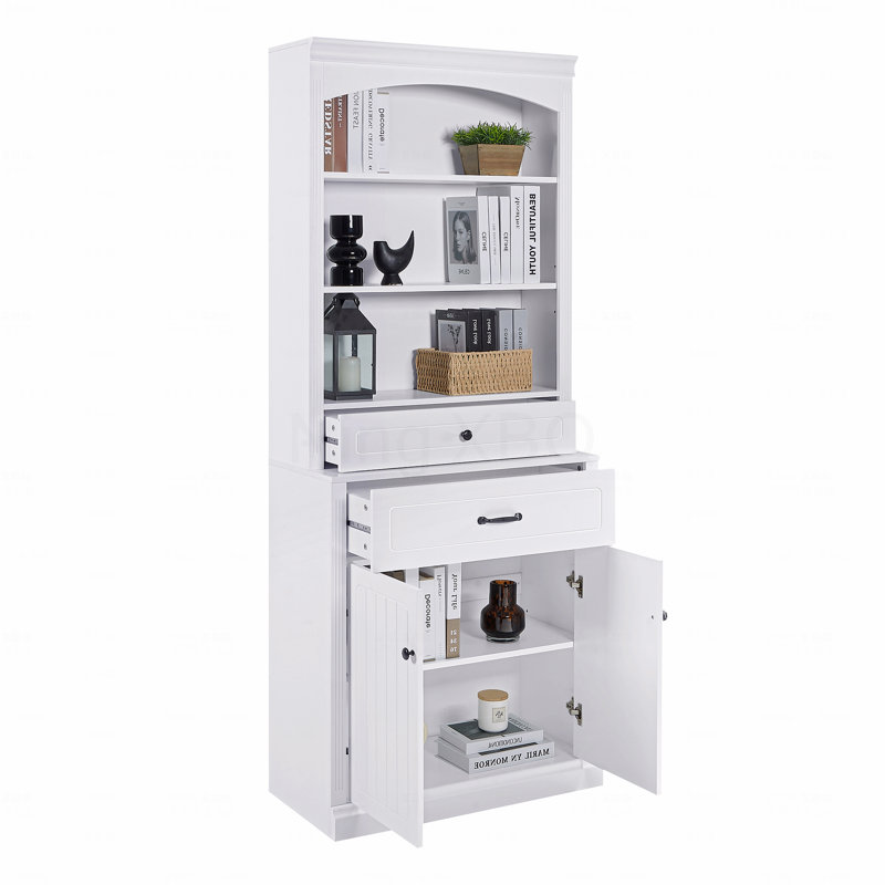 Armoire de rangement pour salle de bain avec 2 portes, tiroirs, tablettes réglables et trois tablettes ouvertes - Fabrication en MDF durable