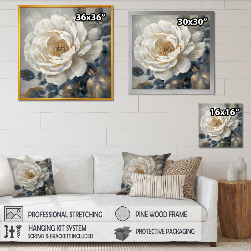 «Emotion Of White Blue Peony Flower II», reproduction d'art sur toile, H 16 po x l 16 po x P 1 po, Cadre photo noir