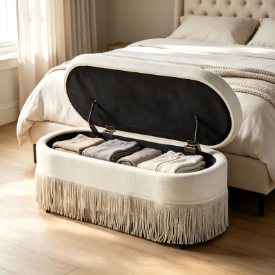 Repose-pieds de rangement ovale rembourré de 39,4 po avec garniture à franges, banc de rangement à couvercle relevable avec compartiment caché pour chambre à coucher et entrée