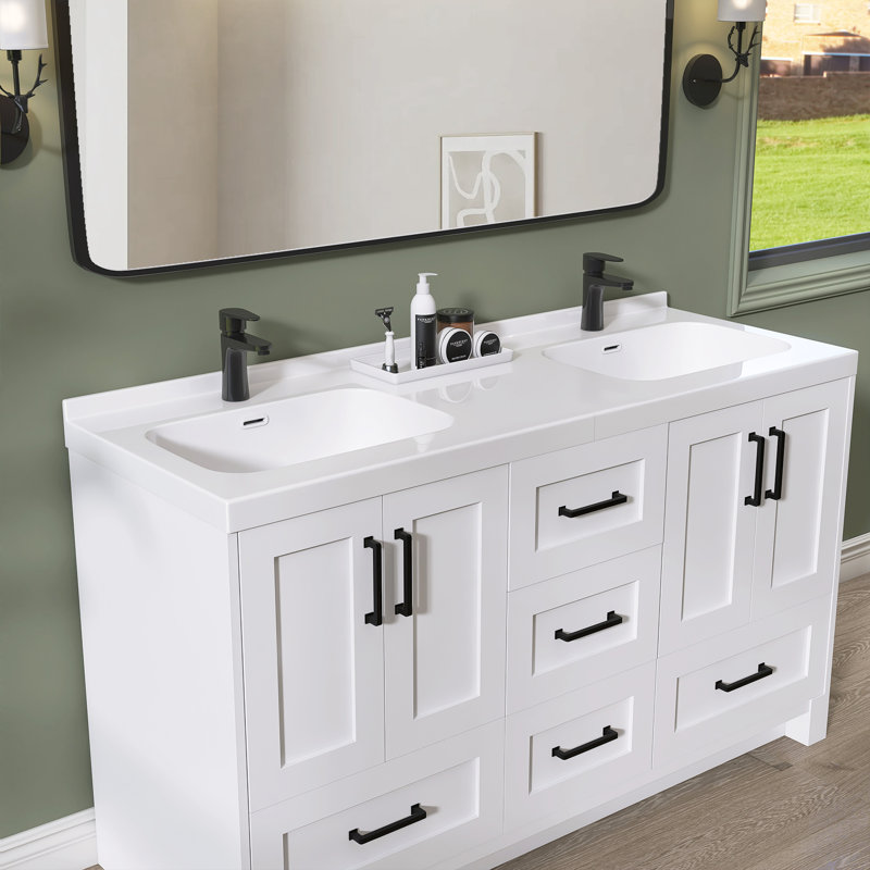 Ensemble de meuble-lavabo autoportant à double cuve en bois massif avec plateau de rangement blanc avec dessus de comptoir en bois massif routenberg
