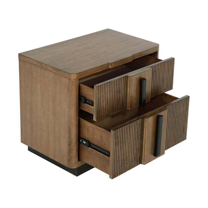 Table de chevet 2 tiroirs en bois avec poignées verticales brun cendré