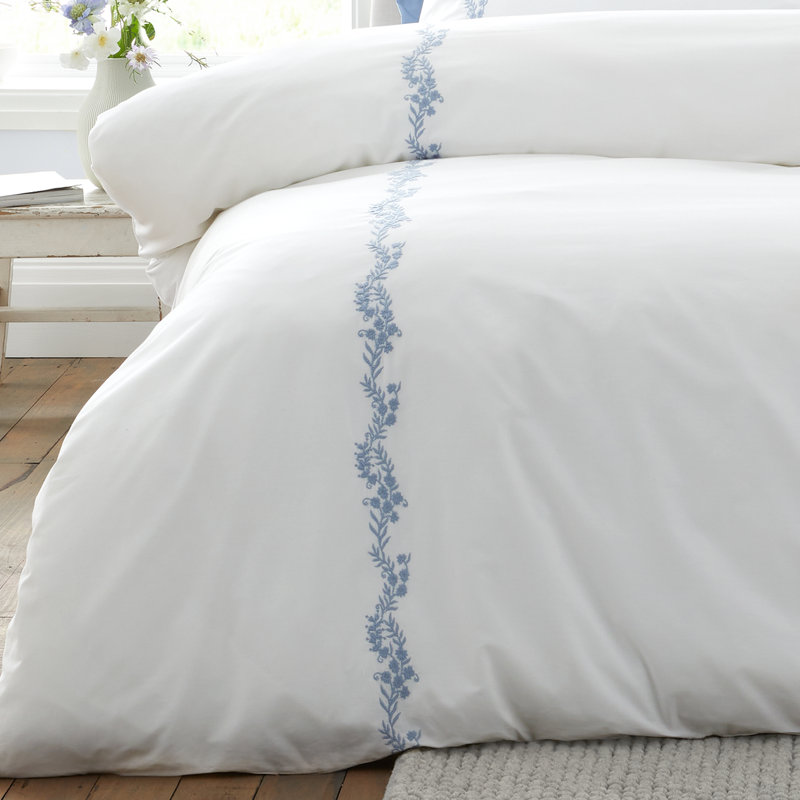 Camille Embroidered Floral 200 Thread Count Cotton Duvet Cover Set, Super King, White / Blue