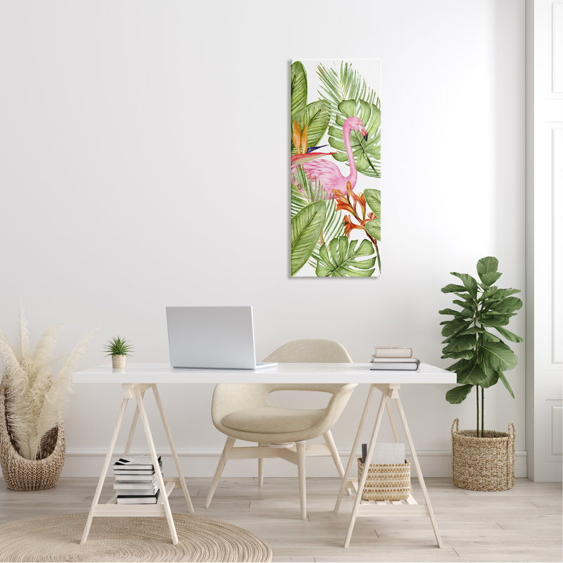 Flamant rose et feuilles de Monstera sur toile par Kim Allen, reproduction, H 40 po x l 17 po x P 1,5 po