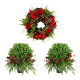 26" Holiday Wreath with Two UV Rated Boxwood Topiary Drop-Ins