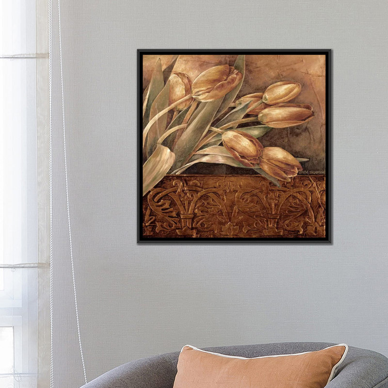 « cuivre tulipes ii », impression sur toile, H 26 po x l 26 po x P 1,5 po, Toile encadrée noire, Pas de tapis