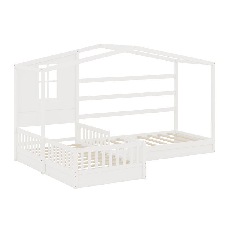 Lit en bois, structure en L à 2 lits avec clôture et structure à lattes, Blanc