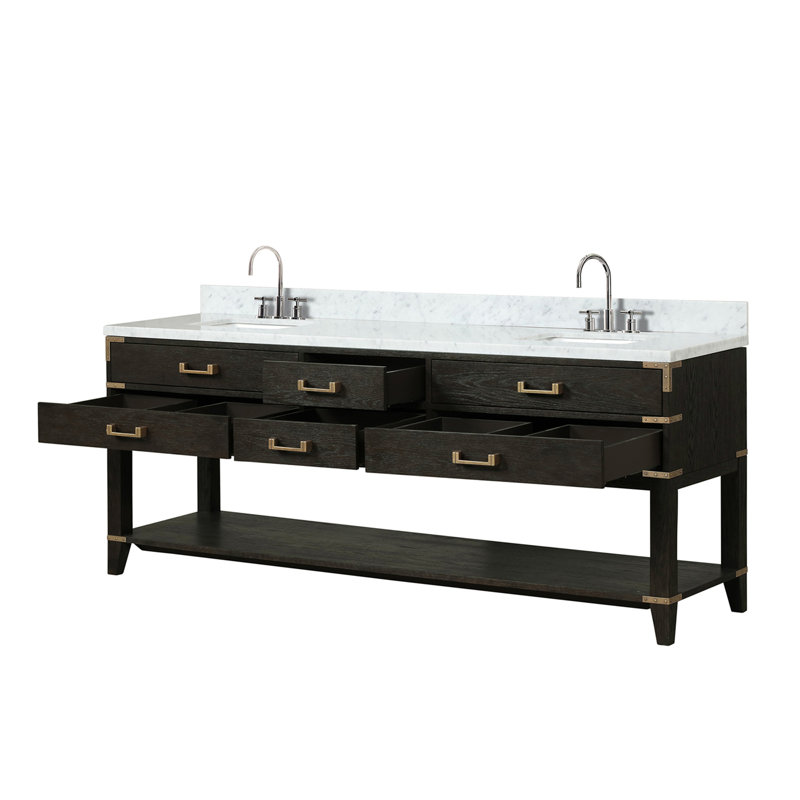 Ensemble de meuble-lavabo double avec plateau en marbre de Carrare et robinet