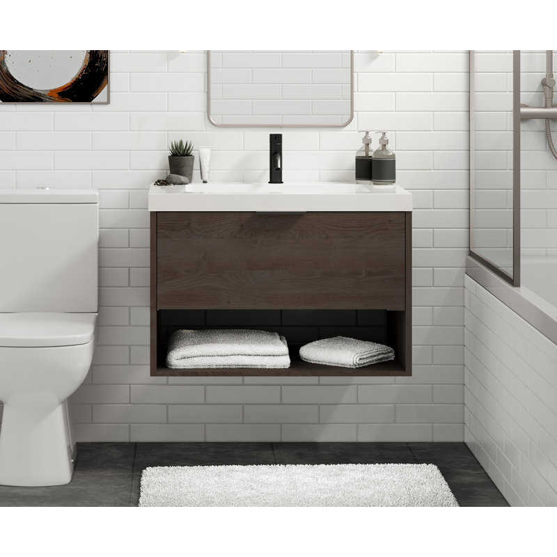 Modo 36" W Wall Mounted Single Bathroom Vanity, Matte Black, White Acrylic, Matte White/Single