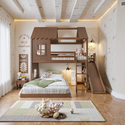 Lit superposé simple au-dessus d'une chambre double avec échelle, glissade, rangement et garde-robe AVELOR, lit pour enfant peu encombrant