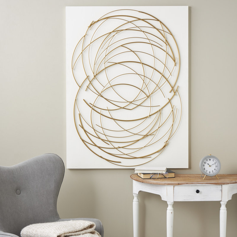 Metal Overlapping Circle Design Abstract Gold Wall Decor with White Wood Backing