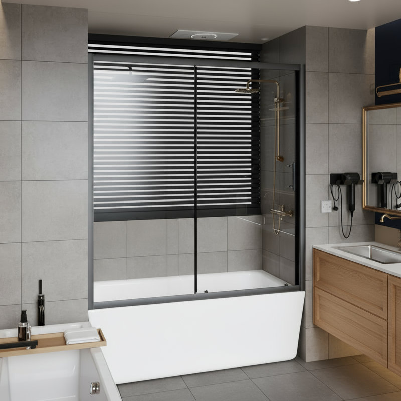Single Sliding Bathtub Shower Door, 1/5-inch Clear Tempered Glass, Stainless Steel Handle, Black.